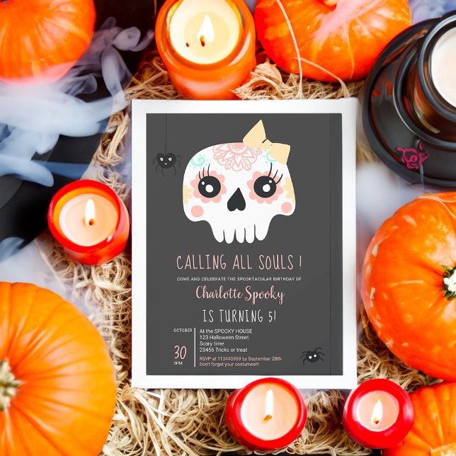Cute kids Skull pink bow Halloween 5th birthday Invitation (Cute kids Skull pink bow Halloween 5th birthday Invitation)