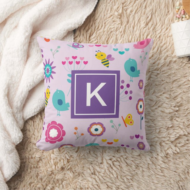 Cute Kids Spring Floral With Custom Monogram Throw Pillow (Blanket)