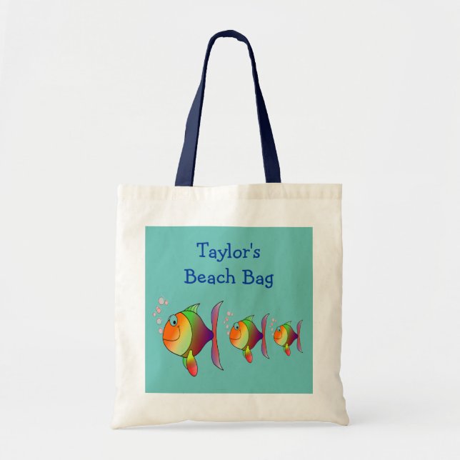 Cute Kids Summer Fish Beach Animals Custom Name Tote Bag (Front)