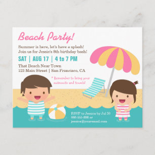 Cute Kids Swimsuits Beach Birthday Party Invitation