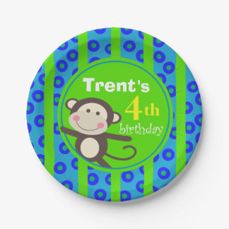 Cute Kids Toy Monkey Birthday Party | blue green Paper Plate