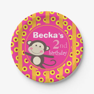 Cute Kids Toy Monkey Birthday | pumpkin fuchsia Paper Plate