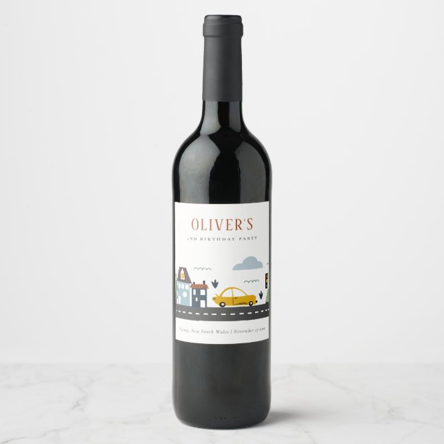 Cute Kids Urban Vehicle Cars Road Any Age Birthday Wine Label (Front)
