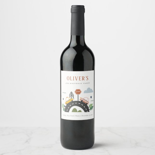 Cute Kids Urban Vehicle Cars Road Any Age Birthday Wine Label (Front)