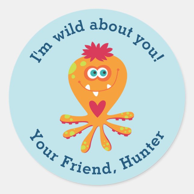 Cute Kids Valentines Day Monster Classroom Classic Round Sticker (Front)