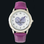 Cute Kid's watch with purple heart and girls name<br><div class="desc">Cute Kid's watch with girly purple heart and childs name. Personalizable wrist watches for boys and girlie girls. Cute personalized Birthday gift idea for children or grandchildren like granddaughter. Elegant script text.</div>