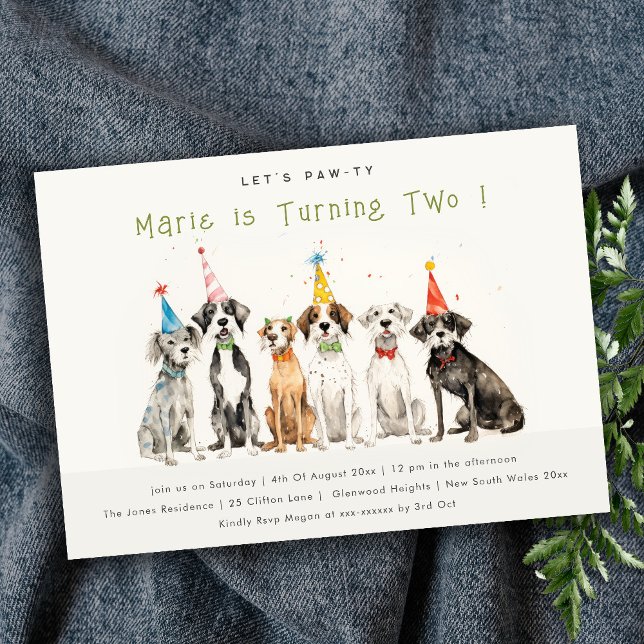Cute Kids Watercolor Pawty Dog Birthday Party Invitation (Creator Uploaded)