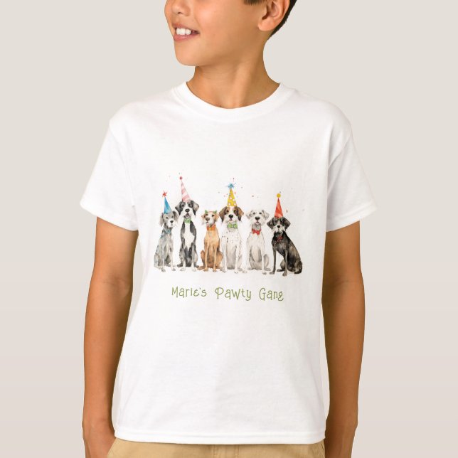 Cute Kids Watercolor Pawty Dog Birthday Party T-Shirt (Front)