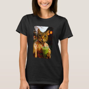 Cute Kimono Cat Selfie Drinking Matcha Bubble Tea T-Shirt