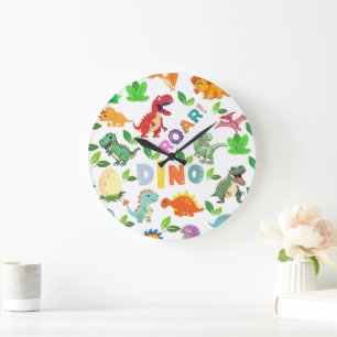 Cute Kinds of Dinosaurs Seamless Large Clock