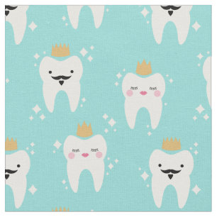 Cute King & Queen Tooth Pattern Turquoise Fabric