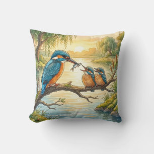 Cute Kingfisher And Chicks River and Lake Animals Throw Pillow