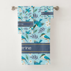 Cute Kingfisher Birds Floral Pattern Blue Name Bath Towel Set
