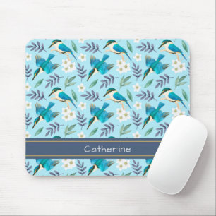 Cute Kingfisher Birds Floral Pattern Blue Name Mouse Pad