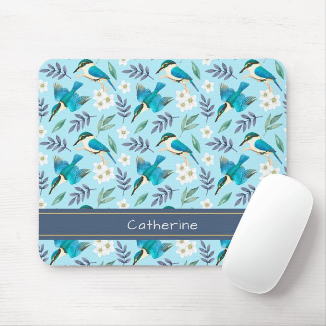 Cute Kingfisher Birds Floral Pattern Blue Name Mouse Pad (With Mouse)