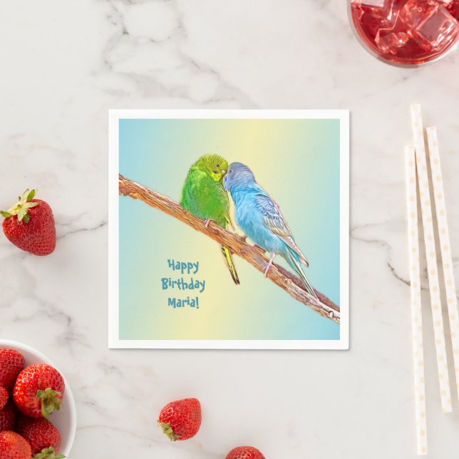 Cute kissing budgies -acrylic on pastel backgroud  napkin (Insitu)
