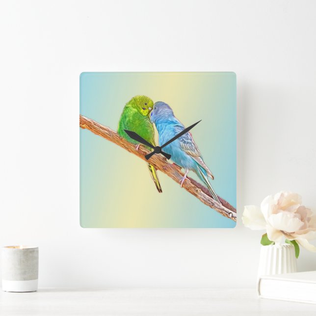 Cute kissing budgies -acrylic on pastel background square wall clock (Home)