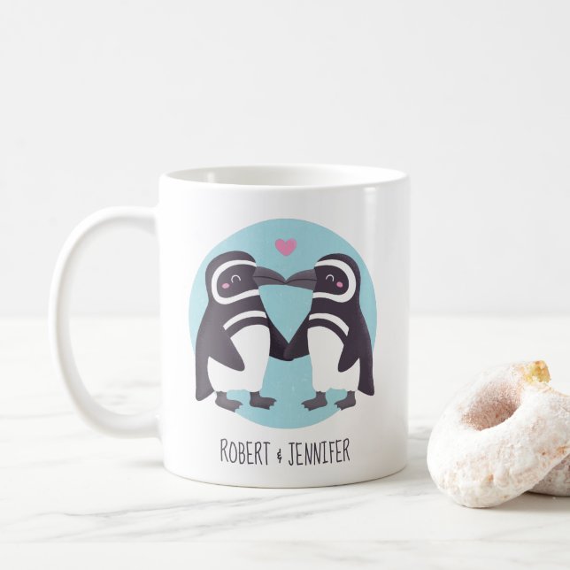 Cute Kissing Penguins Couple Personalized Coffee Mug (With Donut)