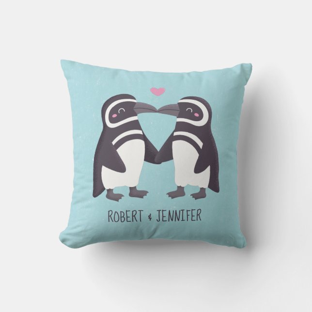 Cute Kissing Penguins, Mate for Life Throw Pillow (Front)