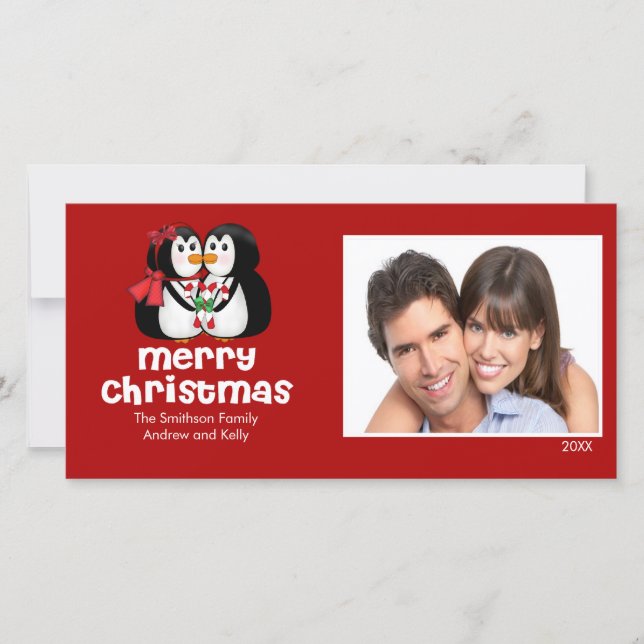 CUTE Kissing Penguins Merry Christmas Photo Card (Front)