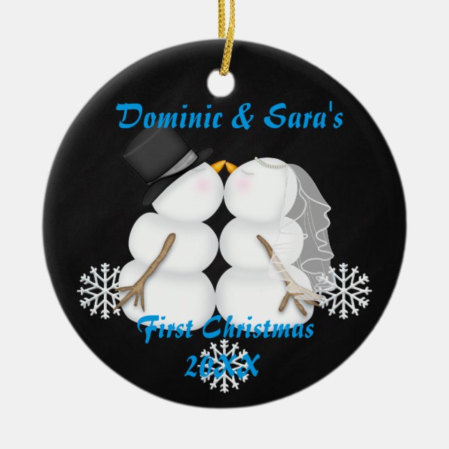Cute Kissing Snowman First Christmas Ornament (Front)
