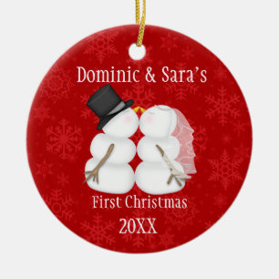 Cute Kissing Snowman First Christmas Ornament