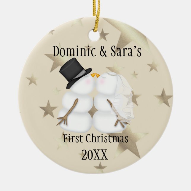 Cute Kissing Snowman First Christmas Ornament (Front)