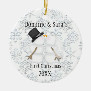 Cute Kissing Snowman First Christmas Ornament