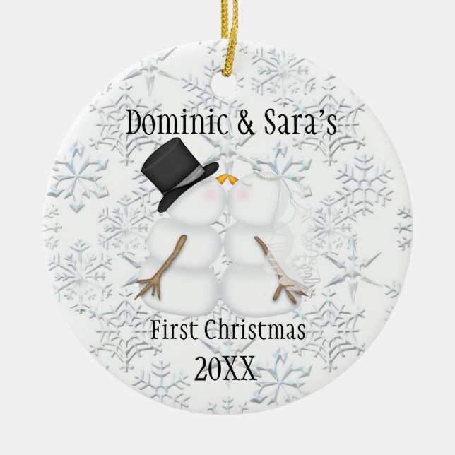 Cute Kissing Snowman First Christmas Ornament (Front)