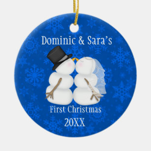 Cute Kissing Snowman First Christmas Ornament