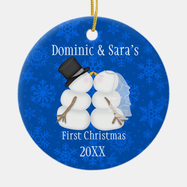 Cute Kissing Snowman First Christmas Ornament (Front)