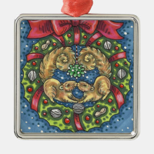 CUTE KISSING SQUIRRELS UNDER MISTLETOE, NUT WREATH METAL ORNAMENT