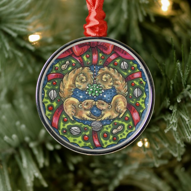 CUTE KISSING SQUIRRELS UNDER MISTLETOE, NUT WREATH METAL ORNAMENT (Tree)