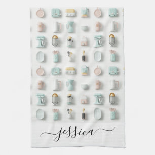 Cute kitchen icons pattern script name towel