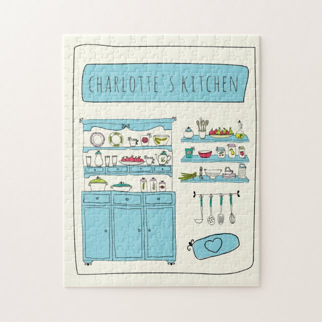 Cute Kitchen Illustration Blue Personalized Name  Jigsaw Puzzle (Vertical)