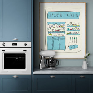 Cute Kitchen Illustration Blue Personalized Name  Poster