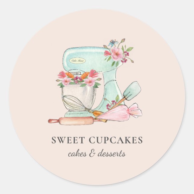 Cute Kitchen mixer with flowers Bakery   Classic Round Sticker (Front)