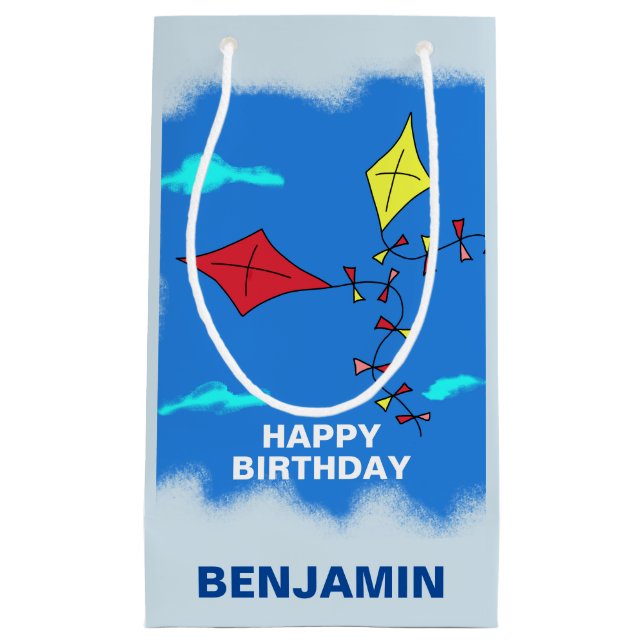 Cute Kites Blue Happy Birthday Name Kids  Small Gift Bag (Front)