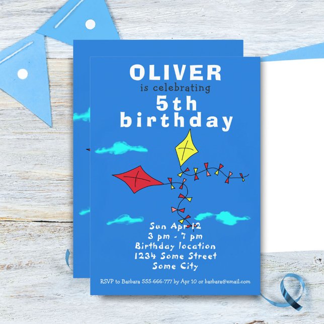 Cute Kites Drawing Blue Kids Birthday Party  Invit Invitation (Creator Uploaded)