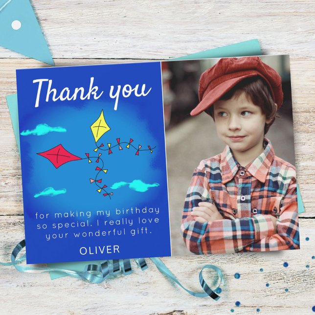 Cute Kites Red Yellow Name Kids Birthday Photo Thank You Card (Creator Uploaded)