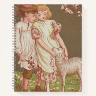 Cute Kitschy Vintage Valentine, Children with Lamb Notebook