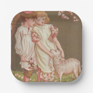 Cute Kitschy Vintage Valentine, Children with Lamb Paper Plate