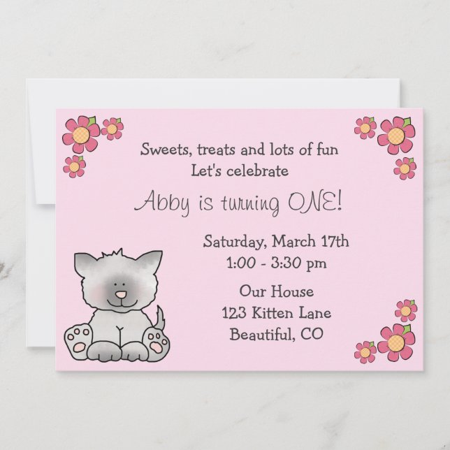 Cute Kitten 1st Birthday Invitation for Girls (Front)