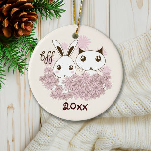 Cute Kitten and Bunny Animal Best Friends Kids Ceramic Ornament