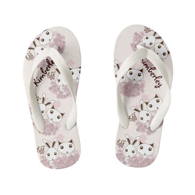 Cute Kitten and Bunny Animal Friends Girl Kid's Flip Flops (Footbed)