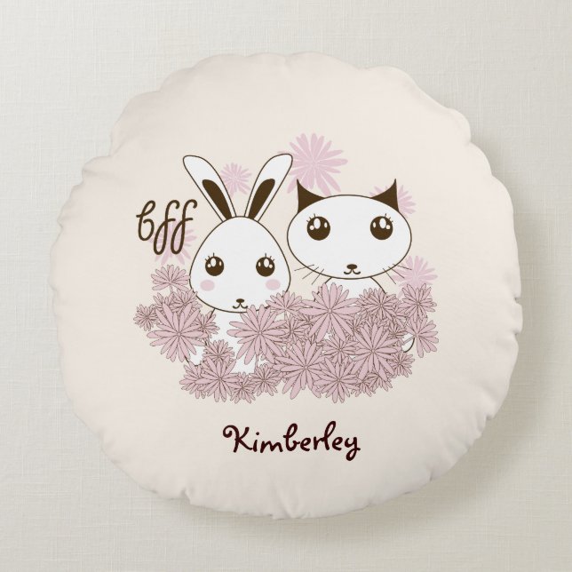 Cute Kitten and Bunny Animal Friends Girls Kids Round Pillow (Front)