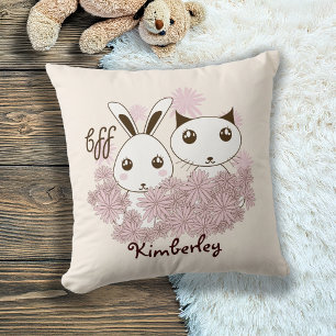 Cute Kitten and Bunny Animal Friends Girls Kids Throw Pillow
