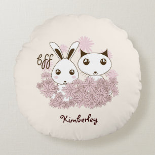 Cute Kitten and Bunny Animal Friends Kids Round Pillow