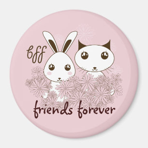 Cute Kitten and Bunny Friends Forever Girl Pink Magnet