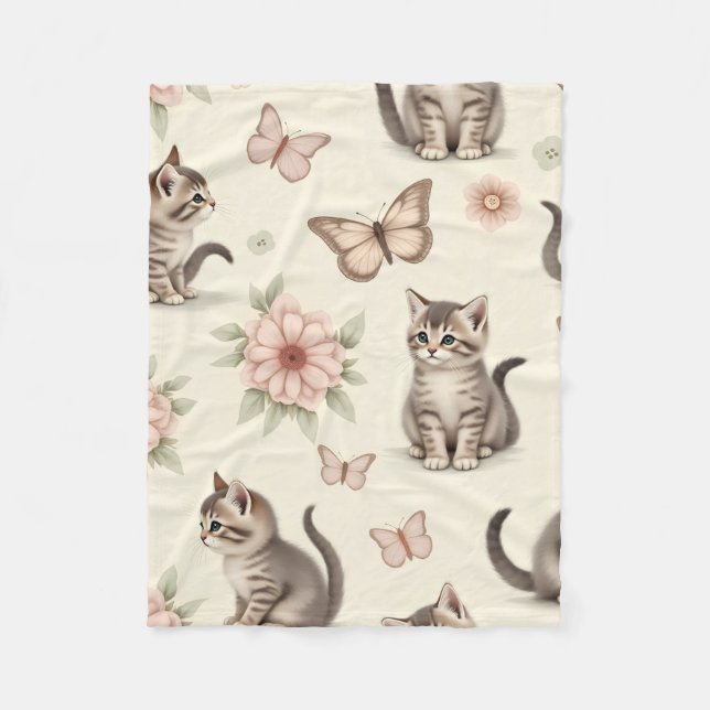 Cute Kitten and Butterflies Fleece Blanket (Front)